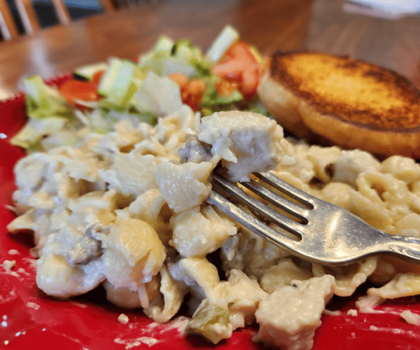 chicken and Italian sausage pasta with white sauce