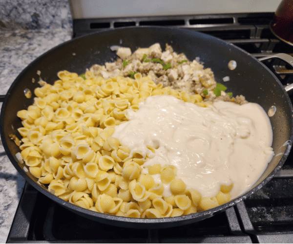 chicken and Italian sausage pasta with white sauce