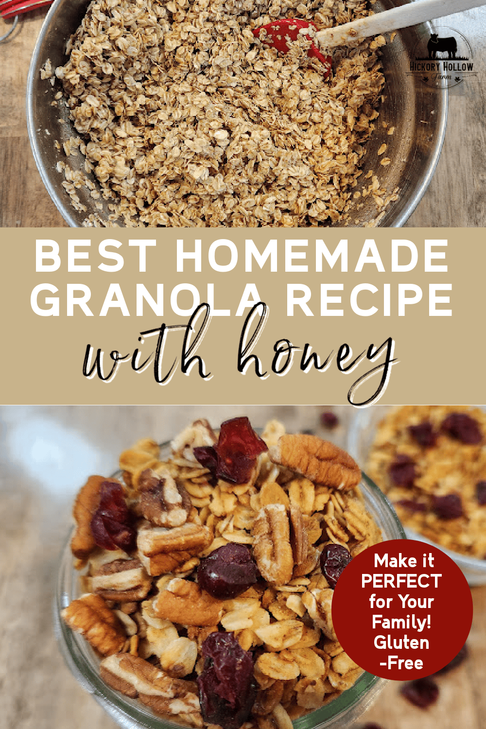 Homemade granola with oats and honey recipe. Perfect for breakfast, smoothie bowls, or on yogurt parfaits. Makes great homemade holidays gifts! Naturally gluten free and nut free. 